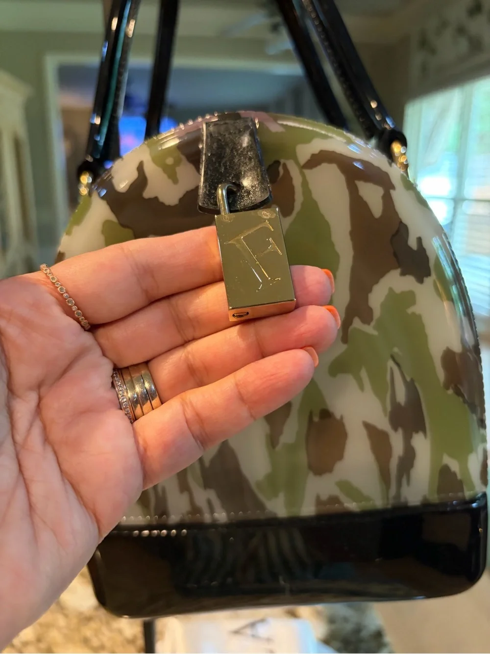 Furla Green, Brown & White Camo Patent Duffel camouflage